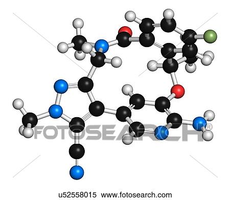 Stock Photography - Lorlatinib cancer drug molecule. 3D rendering. Atoms are represented as spheres with conventional colour-coding: hydrogen (white), carbon (black), nitrogen (blue), oxygen (red), fluorine (light green).. Fotosearch