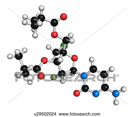 Picture - Lumicitabine respiratory syncytial virus (RSV) drug molecule. 3D rendering. Atoms are represented as spheres with conventional colour-coding: hydrogen (white), carbon (black), nitrogen (blue), oxygen (red), fluorine (light green), chlorine (green).. Fotosearch