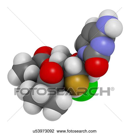 Stock Image - Lumicitabine respiratory syncytial virus (RSV) drug molecule. 3D rendering. Atoms are represented as spheres with conventional colour-coding: hydrogen (white), carbon (grey), nitrogen (blue), oxygen (red), fluorine (gold), chlorine (green).. Fotosearch