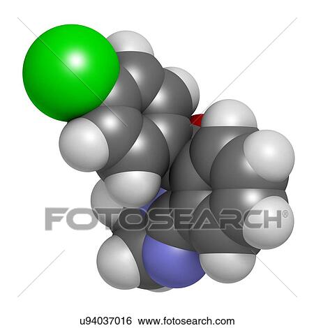 Stock Photograph - Mazindol appetite suppressant drug molecule. 3D rendering. Atoms are represented as spheres with conventional colour-coding: hydrogen (white), carbon (grey), nitrogen (blue), oxygen (red), chlorine (green).. Fotosearch