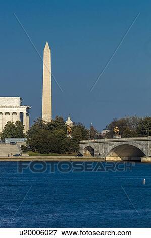 Stock Photo - Memorial Bridge spans Potomac River and features Lincoln Memorial and Washington Monument. Fotosearch