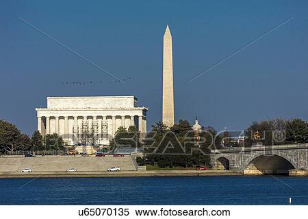Memorial Bridge spans Potomac River and features Lincoln Memorial and Washington Monument View Large Photo Image Stock Photography - Memorial Bridge spans Potomac River and features Lincoln Memorial and Washington Monument. Fotosearch