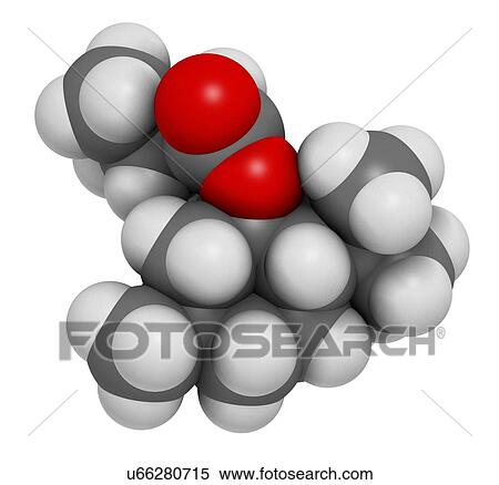 Stock Photography - Menthyl isovalerate drug molecule. 3D rendering. Atoms are represented as spheres with conventional colour-coding: hydrogen (white), carbon (grey), oxygen (red).. Fotosearch