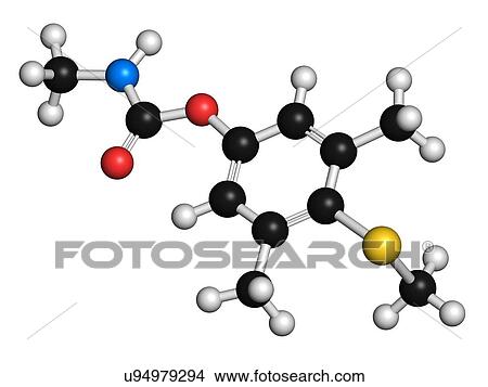 Picture - Methiocarb pesticide molecule. 3D rendering. Atoms are represented as spheres with conventional colour-coding: hydrogen (white), carbon (black), oxygen (red), nitrogen (blue), sulfur (yellow).. Fotosearch