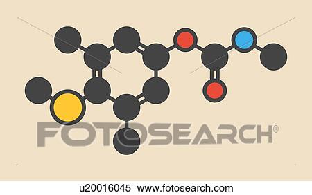 Stock Photography - Methiocarb pesticide molecule. Stylized skeletal formula (chemical structure): Atoms are shown as colour-coded circles: hydrogen (hidden), carbon (grey), oxygen (red), nitrogen (blue), sulfur (yellow).. Fotosearch