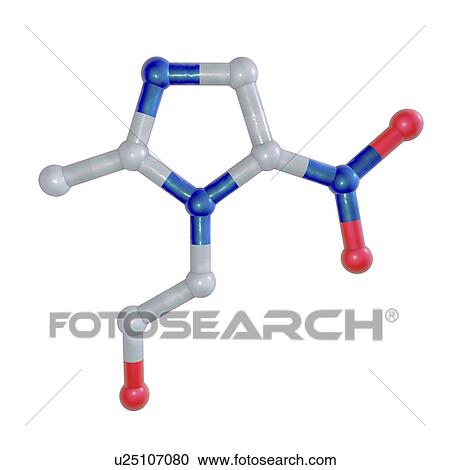 Stock Image - Metronidazole, molecular model. This is a nitroimidazole antibiotic used to treat infections due to anaerobic bacteria and protozoa. Atoms are represented as spheres and are colour-coded: carbon (grey), hydrogen (white), nitrogen (blue) and oxygen (red).. Fotosearch