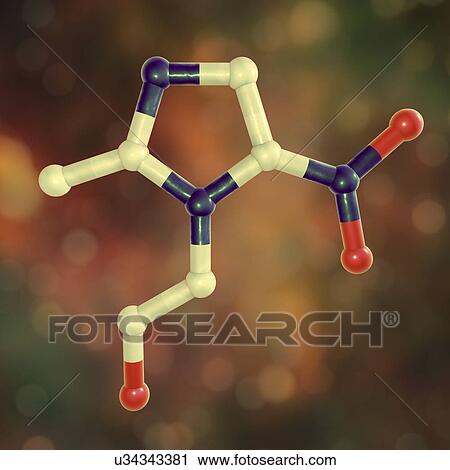 Stock Image - Metronidazole, molecular model. This is a nitroimidazole antibiotic used to treat infections due to anaerobic bacteria and protozoa. Atoms are represented as spheres and are colour-coded: carbon (grey), hydrogen (white), nitrogen (blue) and oxygen (red).. Fotosearch