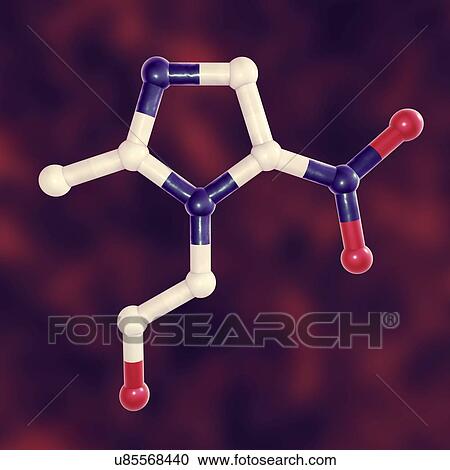 Stock Image - Metronidazole, molecular model. This is a nitroimidazole antibiotic used to treat infections due to anaerobic bacteria and protozoa. Atoms are represented as spheres and are colour-coded: carbon (grey), hydrogen (white), nitrogen (blue) and oxygen (red).. Fotosearch