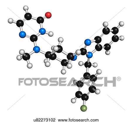 Stock Image - Mizolastine antihistamine drug molecule. 3D rendering. Atoms are represented as spheres with conventional colour-coding: hydrogen (white), carbon (black), nitrogen (blue), oxygen (red), fluorine (light green).. Fotosearch