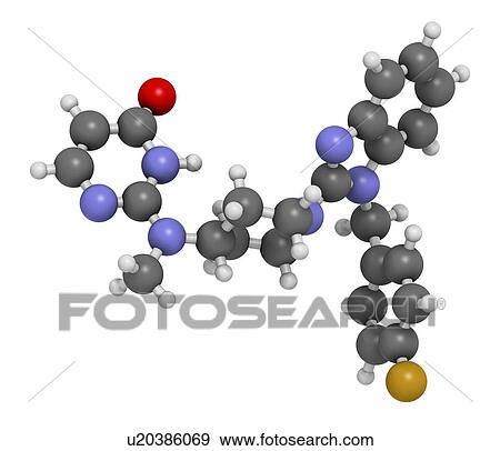 Stock Photo - Mizolastine antihistamine drug molecule. 3D rendering. Atoms are represented as spheres with conventional colour-coding: hydrogen (white), carbon (grey), nitrogen (blue), oxygen (red), fluorine (gold).. Fotosearch