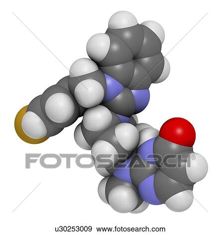 Stock Photo - Mizolastine antihistamine drug molecule. 3D rendering. Atoms are represented as spheres with conventional colour-coding: hydrogen (white), carbon (grey), nitrogen (blue), oxygen (red), fluorine (gold).. Fotosearch