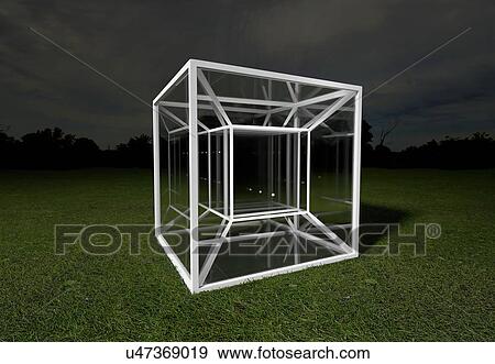 Stock Photo - Model of a tesseract with glass panels creating internal reflections suggestive of multi-dimensional space. A tesseract is a 4-dimensional analogue of a cube, as a cube is a 3-dimensional analogue of a square. The model is a theoretical projection of.... Fotosearch