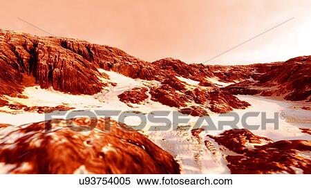 Stock Photography - Morning on Mars, illustration. Rocky landscape on Mars, the fourth planet from the sun and the second smallest in the solar system. Mars is a rocky desert world with no surface water. The atmosphere is mostly carbon dioxide and Martian surface.... Fotosearch