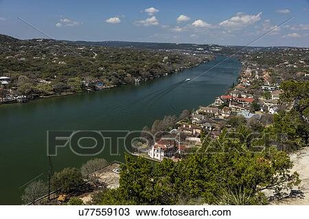 Stock Image - Mount Bonnell Terrace, Covert Park, Lake Austin, outside of Austin Texas has view of Colorado River and expensive housing. Fotosearch
