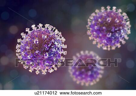Stock Image - Nipah virus particles, computer illustration. Nipah virus is zoonotic (transmitted to humans from animals) and was first found in Malaysia and Singapore in people who had close contact with pigs. It was initially isolated in 1999 upon examining.... Fotosearch