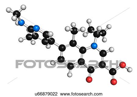 Stock Image - Ozenoxacin antibiotic drug molecule, used in treatment of impetigo. 3D rendering. Atoms are represented as spheres with conventional colour-coding: hydrogen (white), carbon (black), nitrogen (blue), oxygen (red).. Fotosearch