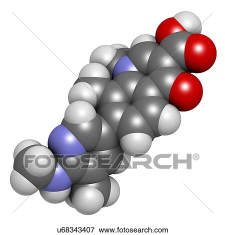 Stock Photo - Ozenoxacin antibiotic drug molecule, used in treatment of impetigo. 3D rendering. Atoms are represented as spheres with conventional colour-coding: hydrogen (white), carbon (grey), nitrogen (blue), oxygen (red).. Fotosearch