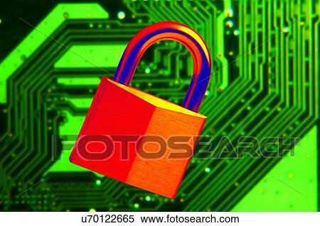 Stock Photography - Padlock and a circuit board, computer artwork.. Fotosearch