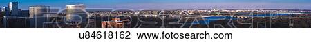 Stock Image - Panoramic view of Washington D. C. from Top of Town restaurant, Arlington, Virginia shows Lincoln & Washington Memorial and U. S. Capitol. Fotosearch