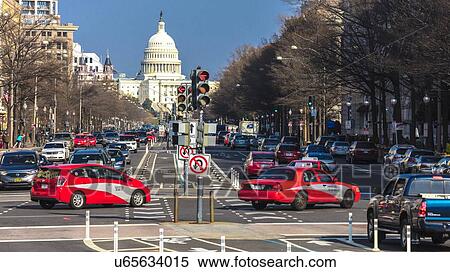 Stock Photography - Pennsylvania Ave to US Capitol going towards US Capitol in Washington DC. during rush hour PM. Fotosearch