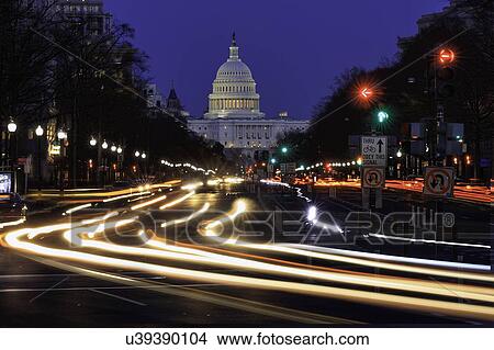 Pennsylvania Ave to US Capitol with Streaked lights going towards US Capitol in Washington DC. during rush hour PM View Large Photo Image Picture - Pennsylvania Ave to US Capitol with Streaked lights going towards US Capitol in Washington DC. during rush hour PM. Fotosearch