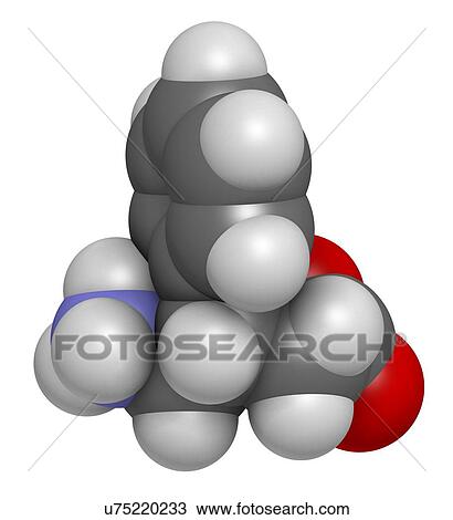 Stock Image - Phenibut anxiolytic and sedative drug molecule. 3D rendering. Atoms are represented as spheres with conventional colour-coding: hydrogen (white), carbon (grey), nitrogen (blue), oxygen (red).. Fotosearch
