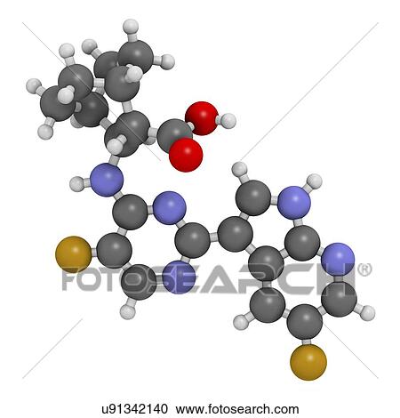 Stock Image - Pimodivir influenza drug molecule. 3D rendering. Atoms are represented as spheres with conventional colour-coding: hydrogen (white), carbon (grey), nitrogen (blue), oxygen (red), fluorine (gold).. Fotosearch