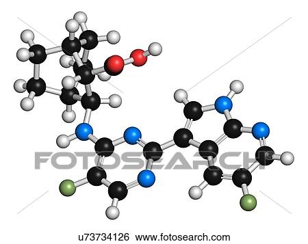 Stock Photograph - Pimodivir influenza drug molecule. 3D rendering. Atoms are represented as spheres with conventional colour-coding: hydrogen (white), carbon (black), nitrogen (blue), oxygen (red), fluorine (light green).. Fotosearch