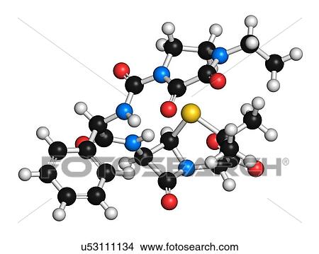 Picture - Piperacillin antibiotic drug molecule. 3D rendering. Atoms are represented as spheres with conventional colour-coding: hydrogen (white), carbon (black), nitrogen (blue), oxygen (red), sulfur (yellow).. Fotosearch