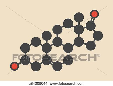 Picture - Prasterone (dehydroepiandrosterone, DHEA) drug molecule. Stylized skeletal formula (chemical structure): Atoms are shown as colour-coded circles: hydrogen (hidden), carbon (grey), oxygen (red).. Fotosearch