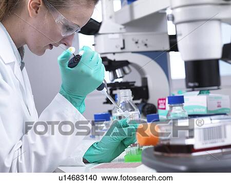 Stock Image - Preparing sample vials. Laboratory worker pipetting liquid into an eppendorf vial.. Fotosearch