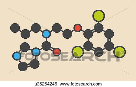 Prochloraz fungicide molecule. Stylized skeletal formula (chemical structure): Atoms are shown as colour-coded circles: hydrogen (hidden), carbon (grey), oxygen (red), nitrogen (blue), chlorine (green). View Large Photo Image Stock Photograph - Prochloraz fungicide molecule. Stylized skeletal formula (chemical structure): Atoms are shown as colour-coded circles: hydrogen (hidden), carbon (grey), oxygen (red), nitrogen (blue), chlorine (green).. Fotosearch