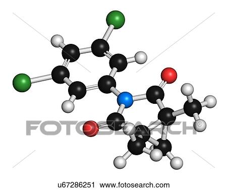 Stock Image - Procymidone pesticide molecule. 3D rendering. Atoms are represented as spheres with conventional colour-coding: hydrogen (white), carbon (black), oxygen (red), nitrogen (blue), chlorine (green).. Fotosearch