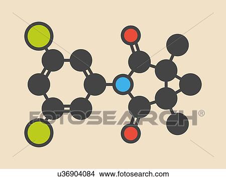 Procymidone pesticide molecule. Stylized skeletal formula (chemical structure): Atoms are shown as colour-coded circles: hydrogen (hidden), carbon (grey), oxygen (red), nitrogen (blue), chlorine (green). View Large Photo Image Picture - Procymidone pesticide molecule. Stylized skeletal formula (chemical structure): Atoms are shown as colour-coded circles: hydrogen (hidden), carbon (grey), oxygen (red), nitrogen (blue), chlorine (green).. Fotosearch