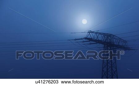 Stock Image - Pylon at night with moon.. Fotosearch