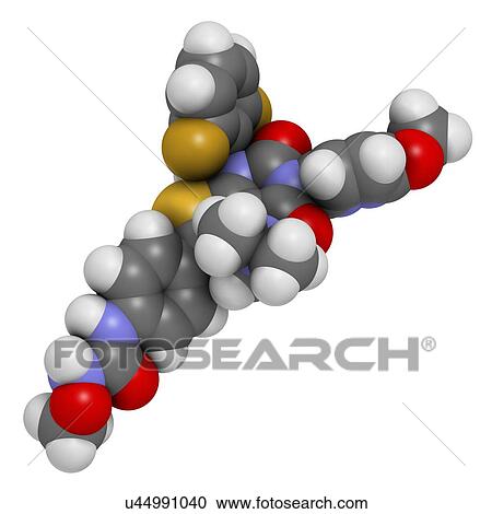 Stock Image - Relugolix drug molecule (gonadotropin-releasing hormone receptor antagonist). 3D rendering. Atoms are represented as spheres with conventional colour-coding: hydrogen (white), carbon (grey), nitrogen (blue), oxygen (red), sulfur (yellow), fluorine (gold).. Fotosearch