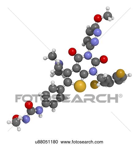 Stock Image - Relugolix drug molecule (gonadotropin-releasing hormone receptor antagonist). 3D rendering. Atoms are represented as spheres with conventional colour-coding: hydrogen (white), carbon (grey), nitrogen (blue), oxygen (red), sulfur (yellow), fluorine (gold).. Fotosearch