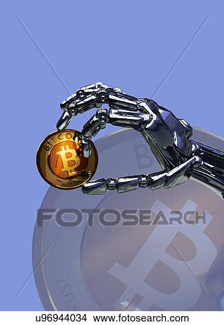 Picture - Robotic hand holding bitcoin, illustration.. Fotosearch