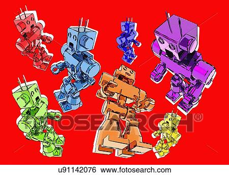 Robots against a red background, illustration. View Large Photo Image Stock Photograph - Robots against a red background, illustration.. Fotosearch