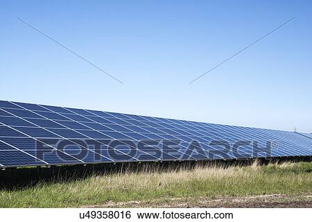 Stock Photograph - Row of solar panels at solar farm in North Wales, UK.. Fotosearch