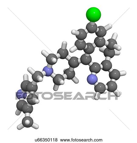 Stock Photo - Rupatadine antihistamine drug molecule. 3D rendering. Atoms are represented as spheres with conventional colour-coding: hydrogen (white), carbon (grey), nitrogen (blue), chlorine (green).. Fotosearch