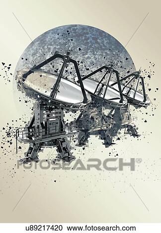 Stock Image - Satellite dishes and moon, illustration.. Fotosearch