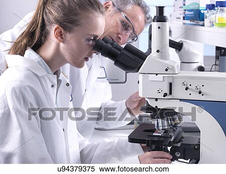 Scientists viewing a biological sample on a glass slide under a light microscope. View Large Photo Image Stock Photography - Scientists viewing a biological sample on a glass slide under a light microscope.. Fotosearch