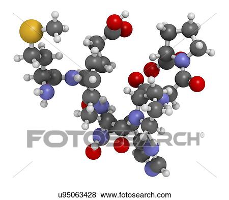 Stock Photo - Semax peptide drug molecule. 3D rendering. Atoms are represented as spheres with conventional colour-coding: hydrogen (white), carbon (grey), nitrogen (blue), oxygen (red), sulfur (yellow).. Fotosearch