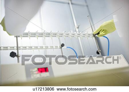 Stock Photograph - Solid phase extraction (SPE) columns being placed on a stand. SPE is used to separate biological compounds from a mixture for further analysis.. Fotosearch