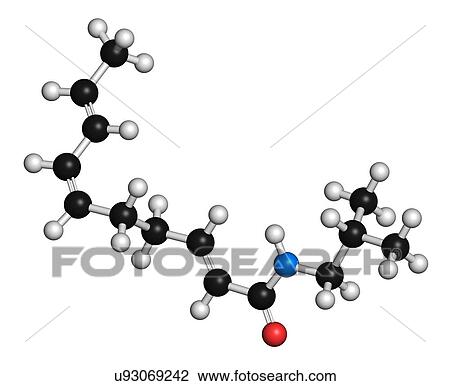 Spilanthol molecule. Local anesthetic present in Acmella oleracea (toothache plant). 3D rendering. Atoms are represented as spheres with conventional colour-coding: hydrogen (white), carbon (black), oxygen (red), nitrogen (blue). View Large Photo Image Stock Image - Spilanthol molecule. Local anesthetic present in Acmella oleracea (toothache plant). 3D rendering. Atoms are represented as spheres with conventional colour-coding: hydrogen (white), carbon (black), oxygen (red), nitrogen (blue).. Fotosearch