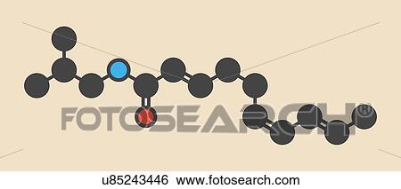 Stock Photograph - Spilanthol molecule. Local anesthetic present in Acmella oleracea (toothache plant). Stylized skeletal formula (chemical structure): Atoms are shown as colour-coded circles: hydrogen (hidden), carbon (grey), oxygen (red), nitrogen (blue).. Fotosearch