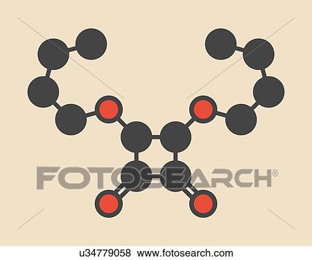 Stock Photo - Squaric acid dibutyl ester drug molecule. Stylized skeletal formula (chemical structure): Atoms are shown as colour-coded circles: hydrogen (hidden), carbon (grey), oxygen (red).. Fotosearch