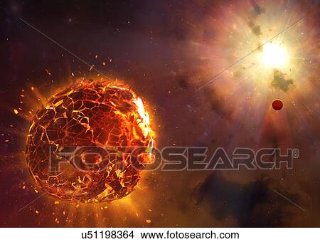 Picture - Supernova destroying planet, illustration. A rocky planet lies in the wake of its star, which has just gone supernova. The explosion shatters the planet.. Fotosearch