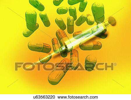 Stock Image - Syringe and capsules, illustration.. Fotosearch